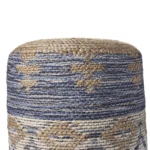 Goldoma 18" Blue Cylinder Geometric Pouf Ottoman - MDF Leather & Jute – top view