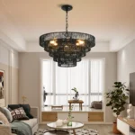 24" Rustic 5-Tier Black Hemp Rope Pendant Light Chandelier with 8 E12 Sockets,Boho Farmhouse Ceiling Fixture (Bulb Not