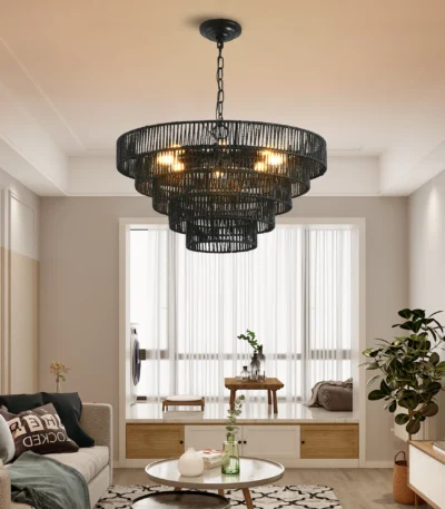 24" Rustic 5-Tier Black Hemp Rope Pendant Light Chandelier with 8 E12 Sockets,Boho Farmhouse Ceiling Fixture (Bulb Not
