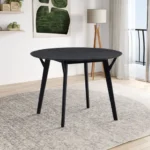 Black round dining table for 4 with wooden legs and MDF veneer top, perfect for small spaces