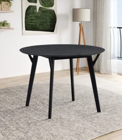 Black round dining table for 4 with wooden legs and MDF veneer top, perfect for small spaces