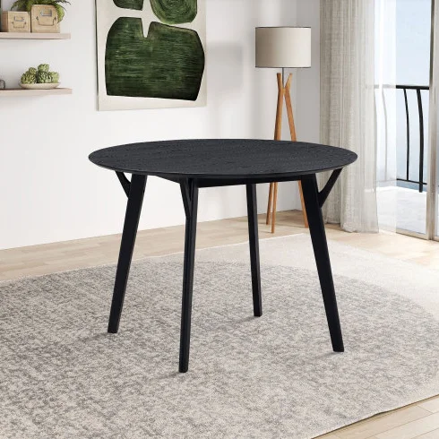 H7c3333b406c14e6ea66aa60d5d8e82cf0.webp Black round dining table for 4 with wooden legs and MDF veneer top, perfect for small spaces