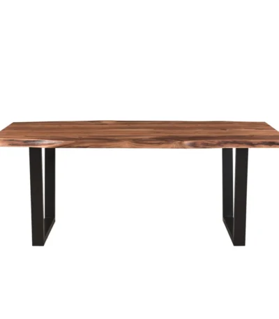 78 inch solid wood dining table with brown top and black metal double pedestal base in a modern dining room