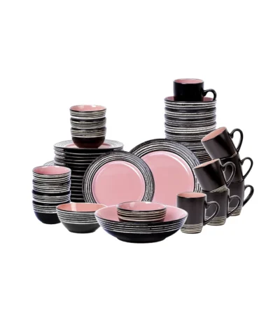 Customizable 48 Piece Pink Ceramic Dinnerware Set with Plant Pattern for Hotels and Restaurants Includes Rice Dishes Bowls