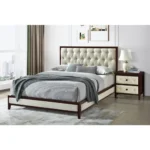 Cherry espresso 2-drawer tufted linen nightstand modern bedroom furniture
