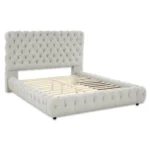 Goldoma modern queen bed with tufted headboard in eco-friendly gray fabric