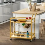 HMS 27" Gold Metal Wood Rolling Bar Cart with Wine Storage Serving Trolley for Dining Living Room Hotel Made of Steel Brass - Image 5