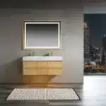 The 48-inch maple vanity with two sinks and chrome faucets, set in a bright bathroom with natural light.