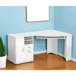 HMS 59 White Modern Corner Computer Desk Simple Design with Adjustable Two Drawers Shelf Wooden Office Desk Metal Components