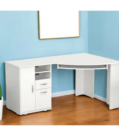 HMS 59 White Modern Corner Computer Desk Simple Design with Adjustable Two Drawers Shelf Wooden Office Desk Metal Components