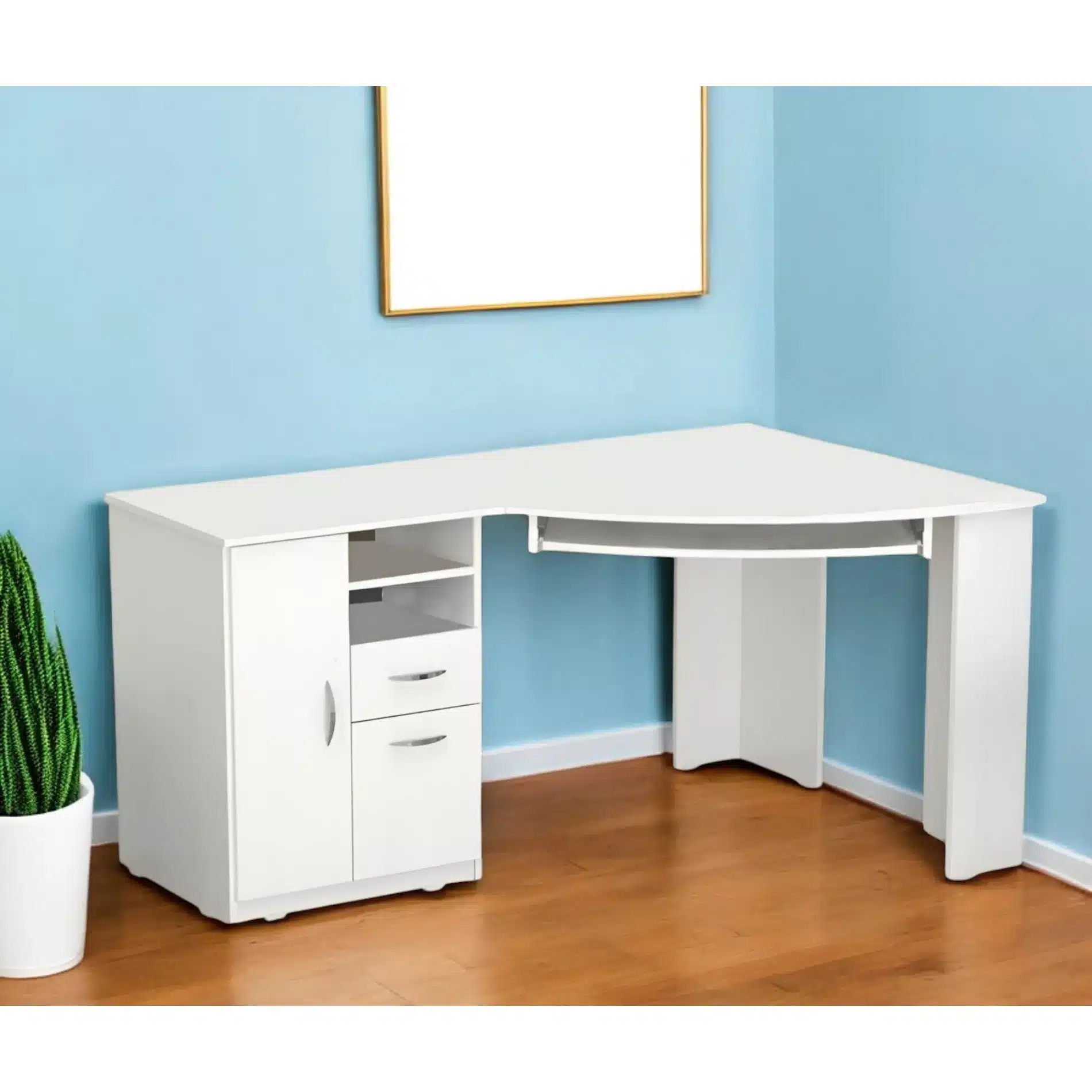 HMS 59 White Modern Corner Computer Desk Simple Design with Adjustable Two Drawers Shelf Wooden HMS 59 White Modern Corner Computer Desk Simple Design with Adjustable Two Drawers Shelf Wooden Office Desk Metal Components