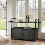 Outdoor Bar Cart Table, Large Wicker Island Rolling Cart, Black – base detail
