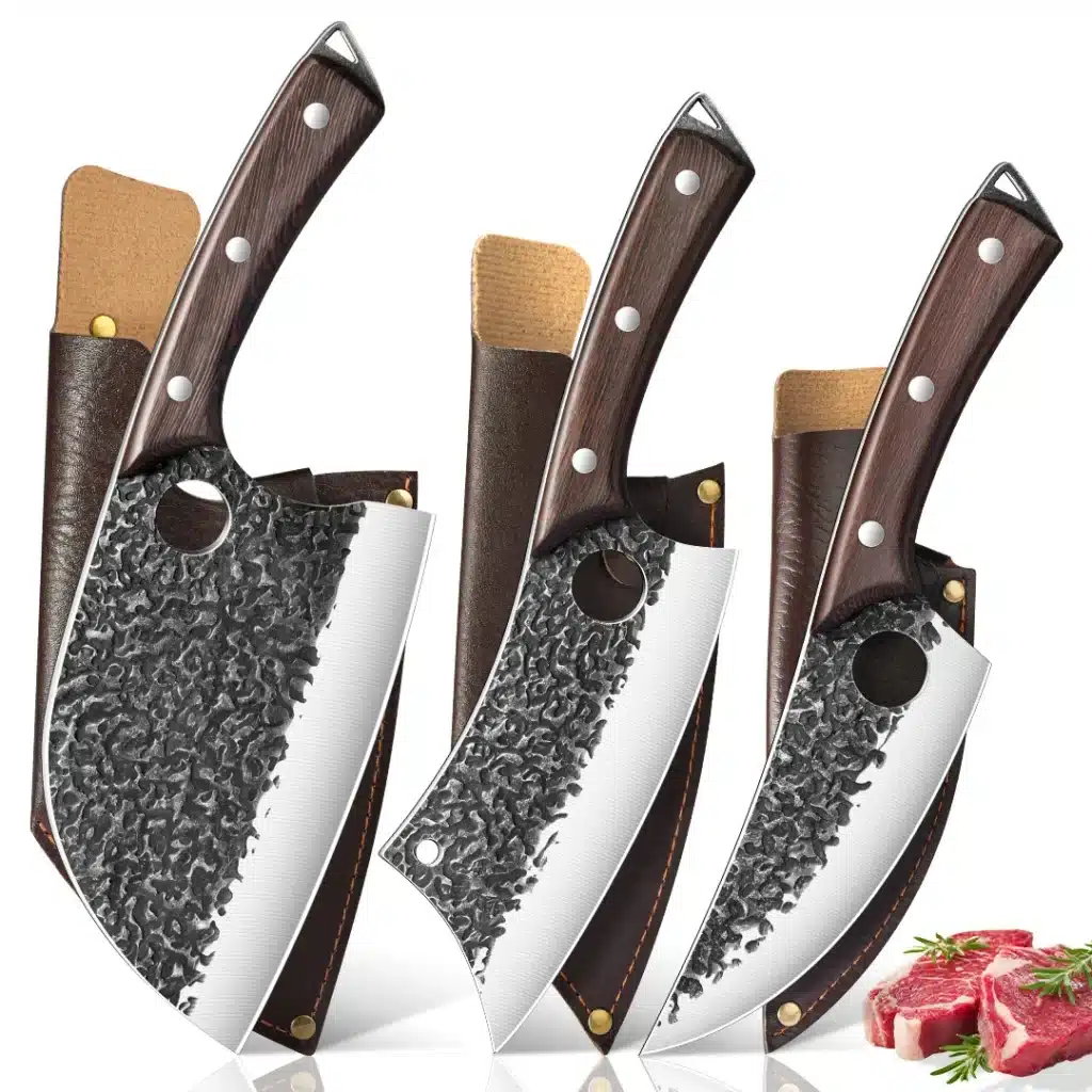 3 Pcs Forged Kitchen Cleaver Knife Set, sharp chef knife, Stainless Steel Meat Chopping Knives with Wooden Handle, Handmade