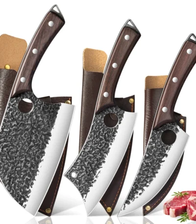 3 Pcs Forged Kitchen Cleaver Knife Set, sharp chef knife, Stainless Steel Meat Chopping Knives with Wooden Handle, Handmade