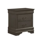 Classic Louis Philippe nightstand with two drawers in stained gray finish displayed in a traditional bedroom setting
