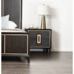 Modern espresso nightstand with gold trim and wooden finger pull drawers