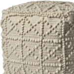 Goldoma 18 inch ivory wool knubby geometric cube pouf ottoman with leather handle