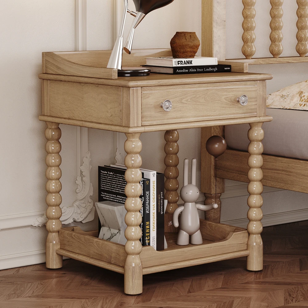 H7db3f2601f60449e9a7a9a9cf9688748e.webp Retro wood nightstand with drawer and open shelf, natural turned legs