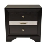 Traditional black wood nightstand with two drawers, featuring a classic design with stainless steel hardware and lacquer finish.