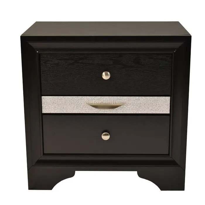Traditional black nightstand with drawers in a bedroom setting