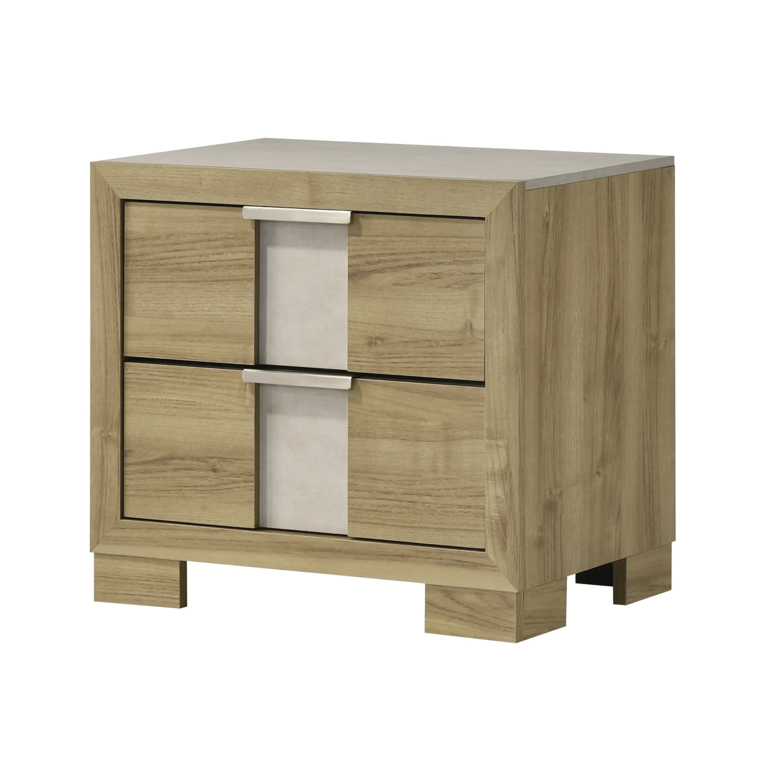 H7de75f68f4d74a1892598fe3250cda33L.webp Driftwood nightstand two drawer with wooden construction and minimalist design in bedroom setting