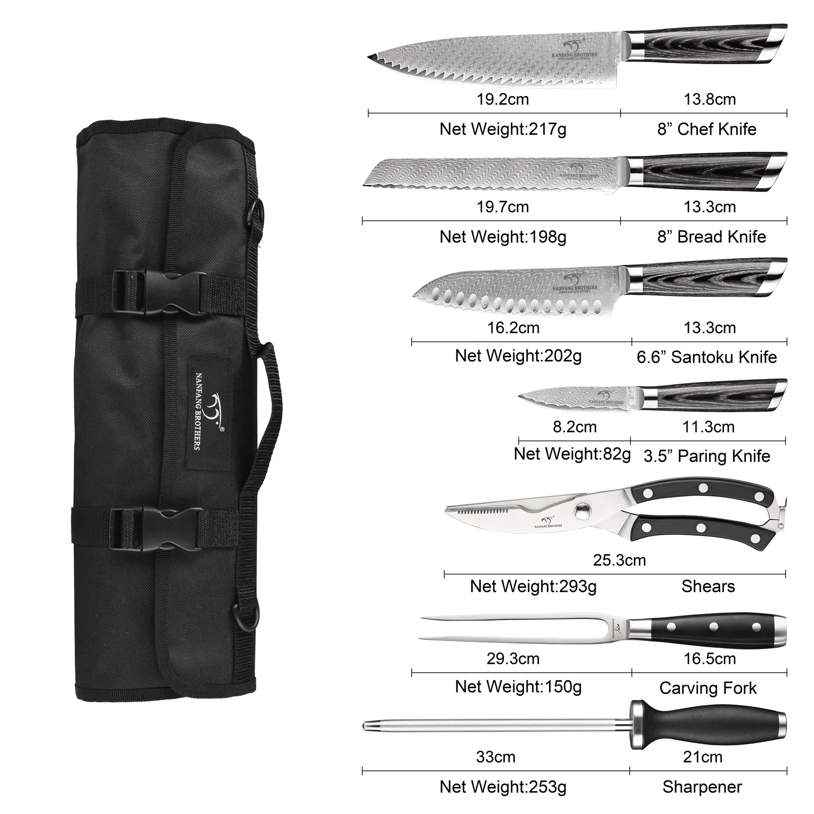 8 Pieces Damascus Steel High Carbon Kitchen Knives Chef Knife Set with Oxford Cloth Bag and Pakkawood Handle