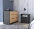 Modern bedroom dresser with black pine finish and four drawers next to a matching nightstand