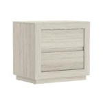 Whitewashed oak nightstand with two drawers in modern minimalist style beside a bed in a bedroom