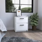 Minimalist white 2-drawer nightstand with metal handles, 18 inches tall, for bedroom storage