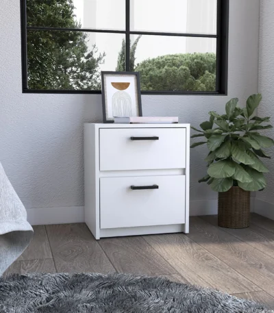 Minimalist white 2-drawer nightstand with metal handles, 18 inches tall, for bedroom storage