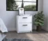 Minimalist white nightstand with two drawers next to a bed