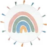 Vibrant rainbow bath mat with white, blue, and pink stripes in a round shape on a bathroom floor
