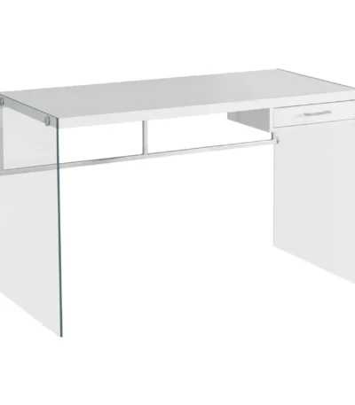 HMS 48" White and Clear Computer Desk with Drawer Ergonomic Wooden Metal Foldable Extendable for Home Office or Bedroom Use