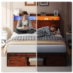 Goldoma queen bed frame with storage headboard, charging station, and LED lights in a modern bedroom setting