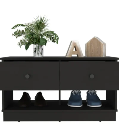 Black Wengue storage bench with drawers and lower shelf in an entryway