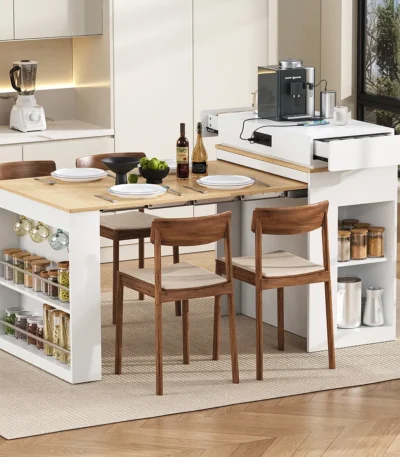 Modern extendable kitchen island with solid wood top and storage drawers