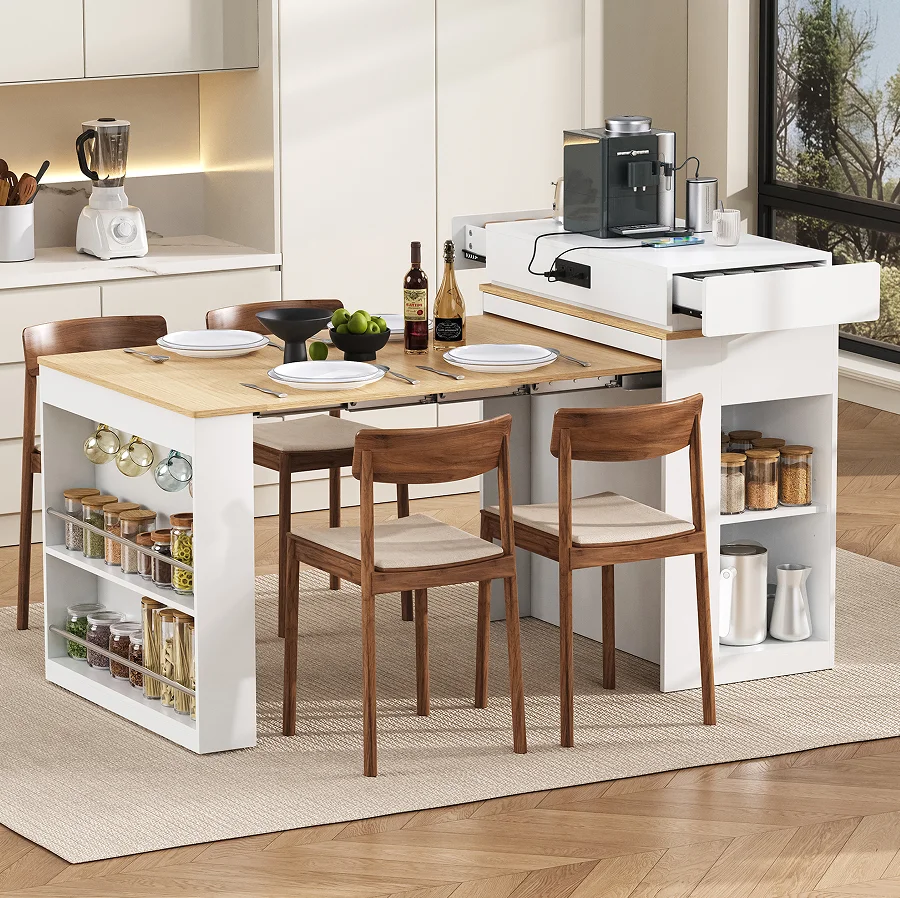 H7e9b25a64a684197ad7c180bfaa19697r.webp Modern extendable kitchen island with solid wood top and storage drawers