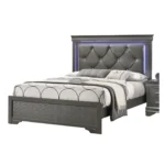 Goldoma Dark Gray Faux Leather Tufted Queen Bed with LED Lights, Solid Wood Frame – top view