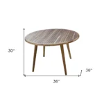 Natural rounded solid wood dining table with smooth finish on a patio