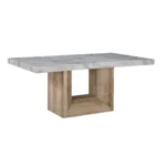 70 inch faux marble dining table with wood pedestal base in living room setting