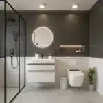 Modern solid wood white floating bathroom vanity with sink, wall-mounted, front view against a tiled wall.