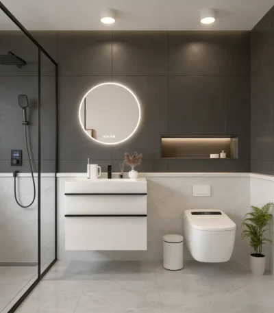 Modern solid wood white floating bathroom vanity with sink, wall-mounted, front view against a tiled wall.