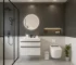 Modern solid wood white floating bathroom vanity with sink, wall-mounted, front view against a tiled wall.