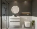 Modern solid wood white floating bathroom vanity with sink, wall-mounted, front view against a tiled wall.
