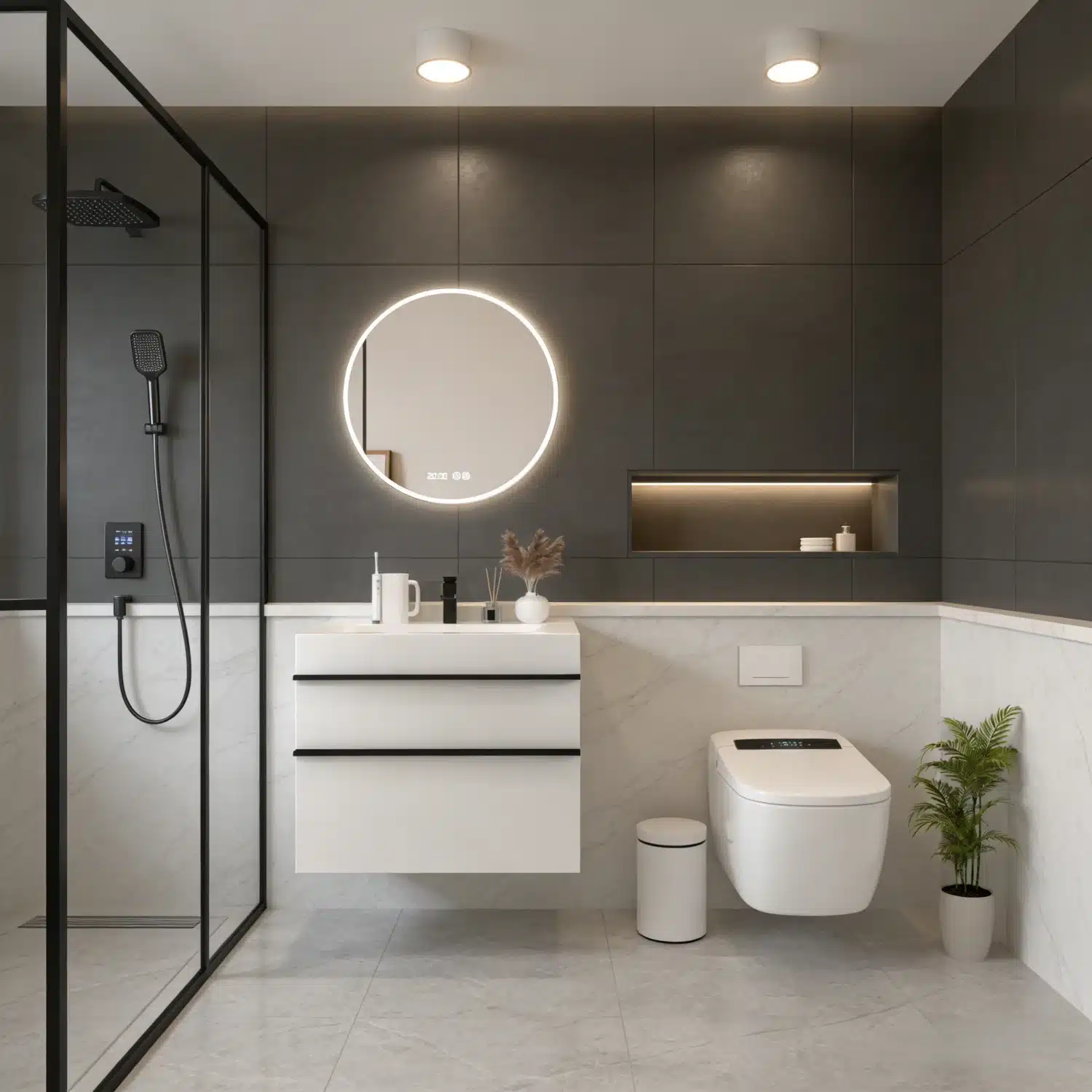 Modern solid wood white floating bathroom vanity with sink, wall-mounted, front view against a tiled wall.