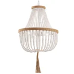 White Wood Beaded Farmhouse Tassel Chandelier, Boho Rustic Pendant Light for Bedroom Kitchen Island Dining Room