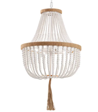 White Wood Beaded Farmhouse Tassel Chandelier, Boho Rustic Pendant Light for Bedroom Kitchen Island Dining Room