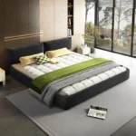Goldoma King Size Chenille Upholstered Cloud Bed with oversized padded movable headboard