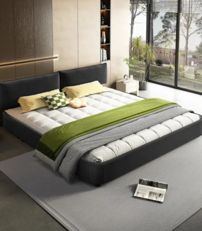 Goldoma King Size Chenille Upholstered Cloud Bed with oversized padded movable headboard