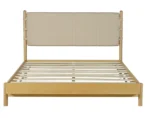 Beige upholstered queen platform bed frame with two matching nightstands and adjustable headboard – Goldoma